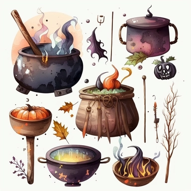 halloween broomsticks and cauldrons. some cartoonish design and some watercolor. and some of both. white background. no tags. CLIPART!!