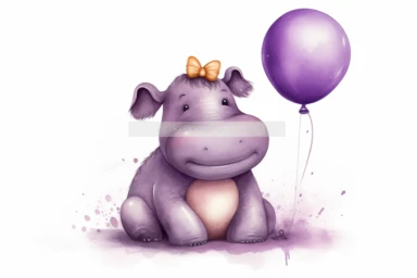 Cute carton little hippo with purple balloon, white background , in the style clipart, digital airbrushing, high resolution, children's book illustration,