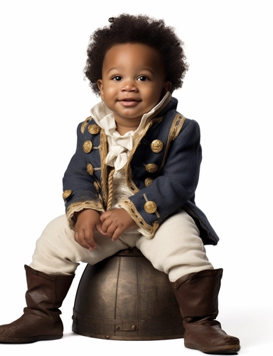 hasselblad 24 mm full body shot of a gorgeous african american baby boy very well dressed with Blue Eyes, clipart, Composition: Relaxed position with intricate high hairstyle, smiling, Style: Pirate, white background, hyperrealism, 32k