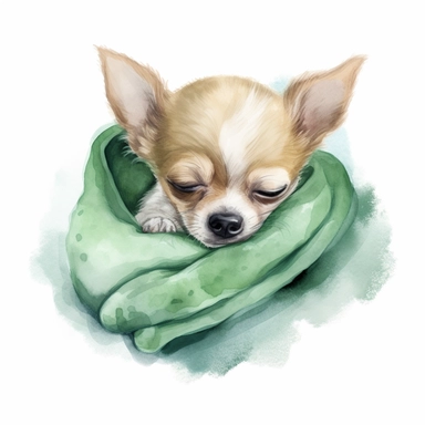 clipart on white background, chihuahua puppy with eyes closed sleeping in a green blanket , water colour