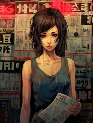 a newspaper clip art illustration for a beautiful anime girl, in the style of large-scale murals, dark palette chiaroscuro, movie poster, mori kei, captivating documentary photos