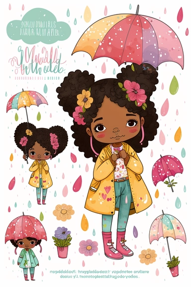 2d watercolor clipart kawaii, bright coloful, characters of beautiful african american woman, april showers, asymmetrical,
