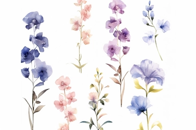 COLLECTION OF enchanted BLUE BELL FLOWERS AND LAVENDER FLOWERS flowers WATERCOLOR HAND PAINTED clipart, WATERCOLOR AIRY PASTEL COLORS, VISIBLE WATERCOLOR BRUSH TOUCHES, DREAMY AND ELEGANT, COLORFUL DREAMY FLOWERS,white background, WATERCOLOR 8k,