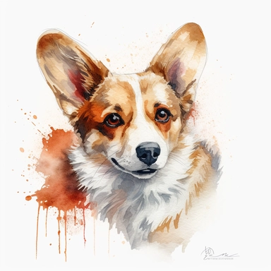 cute Pembroke Welsh Corgi dog portrait, full face, centered shot, side shot, dynamically posed, in action, playful mood, happy mood, playing mood, cute face, adorable smile, childlike eyes, clean watercolor illustration, white background, nursery baby imagery, painting, detailed, 8k, PNG, clipart,