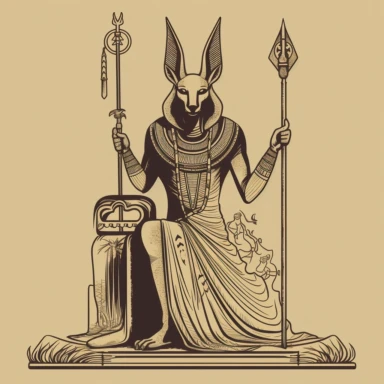 The Anubis clipart depicts the ancient Egyptian god associated with mummification and the afterlife. This graphic design showcases Anubis as a figure with the head of a jackal and the body of a human. Anubis is depicted in a regal and solemn pose, adorned with traditional Egyptian symbols such as the Ankh (the symbol of life) and the Was scepter (symbolizing power and authority). The clipart design captures the essence of Anubis' role as the guardian and guide of the deceased souls, with an aura
