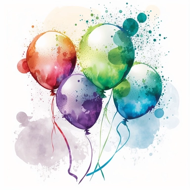 Watercolor clipart of 5 colorful balloons with spinning ribbons on each balloon. The clipart features vector illustration with a symmetrical design on a white background. There is no text, watermark, extra ribbon, blurring, ugliness, or deformities present. v4