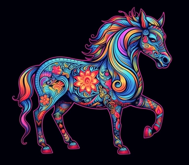 6 tattoo art style adorable unicorn, black defined outlines, high details, clipart, hd, isolated on black background, spaced out, vibrant rainbow colors