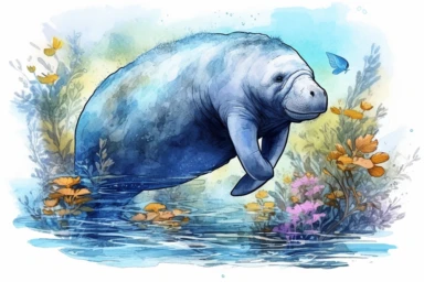 A Florida Manatee in the blue water, sunset clipart, underwater plants, hyper realistic, detailed, pastel watercolor style, on isolated white background