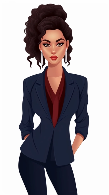 full-body perspective 2d lined clipart of a pretty woman wearing a navy skirt suit and matching shoes, business-like attire, white background,