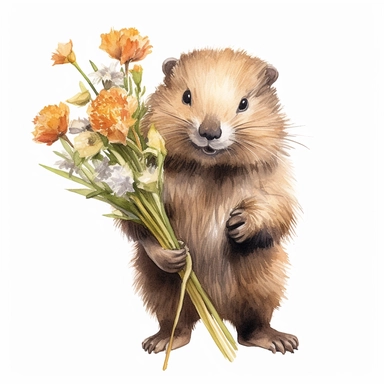 a captivating watercolor clipart image with a white background and white margins, featuring a cute sweet extremely happy smiling baby beaver holding a flower bouquet, full body, The ultra-detailed, hand-drawn elements capture the details. Use vibrant shades of various colors to create a visually appealing image