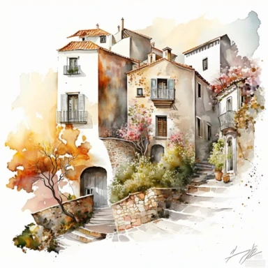 beautiful watercolor clipart of white houses on a cobbled street in a French hillside village near the Mediterranean sea, warm summer hues, compositions on an isolated white background. Bright landscapes illustrations, highly detailed