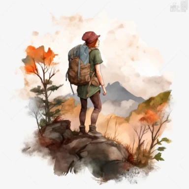 COZY semi-realistic scene of a female hiker , include a wide landscape, extreme wide angle view, transparent background, watercolour clipart illustration style, dreamy, intricate, illustration, detailed , 8k, png, clipart style, deep colours
