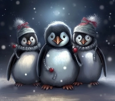 Design a captivating 3D clip art for children's Christmas cards, featuring adorable Christmas penguin characters in a painterly style. The penguins, with their cheerful expressions and festive outfits, instantly bring smiles and holiday cheer. The artwork is enhanced with glittery accents, creating a magical and whimsical effect. The silver color palette adds an elegant and enchanting touch to the scene. With soft and dreamy depictions, the clip art evokes a sense of wonder and joy. Captured usi