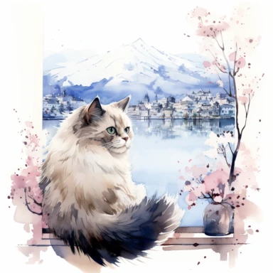 Watercolor Cute Ragdoll Cat sitting at her back in a wide window, and watching Mount Fuji in Japan,lake reflection of everything, architecture of houses, Clipart Watercolor By Yuzo Komori. clean line, white background, spaced out