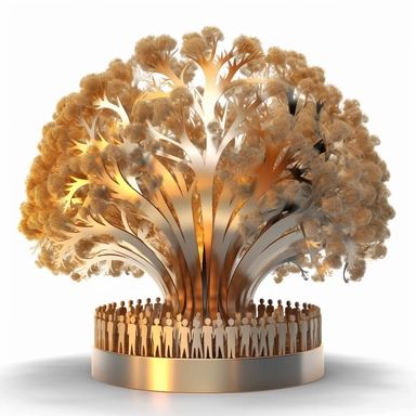 A clip art style image of a golden silver tree under its vast crown illustrates the different shadows of incarnations of different ages and backgrounds participating in conversations and social activities, general shot, 3d, game engine, creative 96% best artificial intelligence metaphysical work