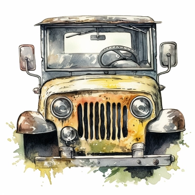 vintage watercolor illustration of empty cartoon safari jeep, facing the camera head on, no roof, clipart