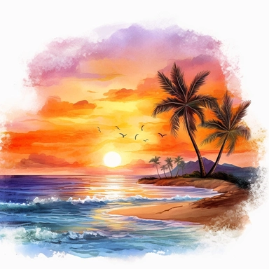 create a beautiful watercolor picture of a sunset at the tropical beach clipart, hd