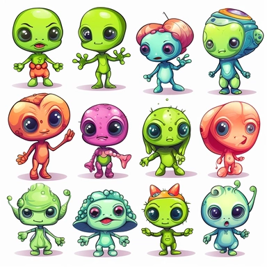 cute clipart of cartoon alien characters in different poses, chibi, colorful and cute, ultra detailed, vibrant colors, white background