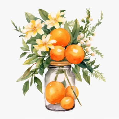 Create a watercolor oranges clipart with glass nd bouquets