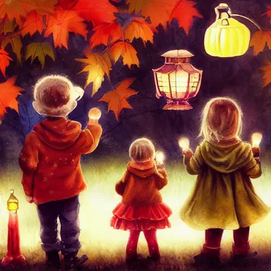 children in autumn clothes on a lantern parade, toadstools, waldorf, martinmas, chalk, watercolor, clipart, white background, cartoon