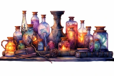 Create a watercolor clipart of an extraordinary magic elixir table with intricate carvings and glowing runes, displaying a variety of elixirs in whimsically shaped bottles, accompanied by spellbooks filled with arcane symbols and knowledge, viewed from a slightly tilted perspective, hd, spaced out, on a white background