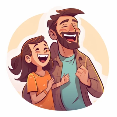 Father and daughter playing or laughing together, sticker style vector illustration for t - shirt, clipart, white background