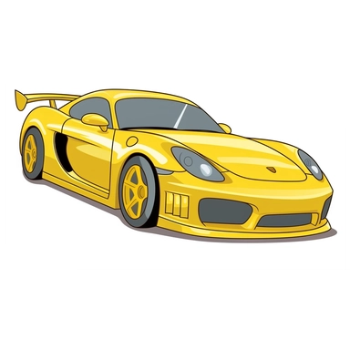 a yellow sports car cartoon clipart on a white background, caricature-like, two dimensional