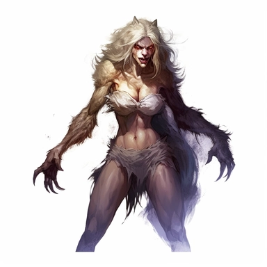 beautiful stunning pretty vintage werewolf female character, paint art style, clipart, white background, superrealistic, one of a kind