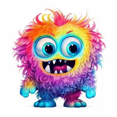 whimsical kawaii chibi fluffy colorful monster with big eyes, big teeth cartoon clipart on white background with margins, Psychedelic, watercolor, icon, sticker, vivid colors, full colors, and details, 32k, 3d