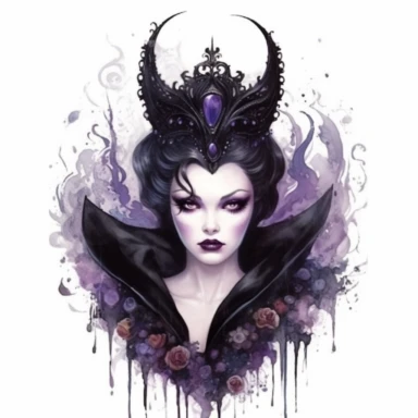 watercolor Disney Evil Queen, with a black cloak, a crown, and a magic mirror, beautiful face, clipart, white background, by Natalie Shau, by Kawacy