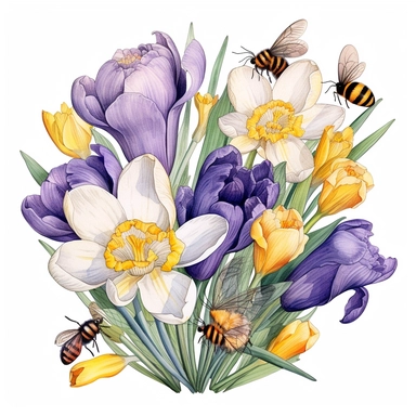 watercolor, spring flower, clipart, leaves, floral, dafodil, tulip, crocus, primrose, clipart, highly detailed, white backround, singular designs, bouquet, bees