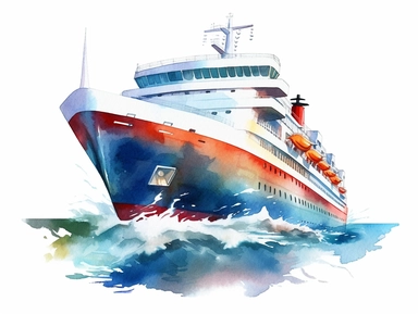 Watercolor clip art on white background, cruise ship, Clipart, high-resolution image with vibrant and true-to-life colors, isolated