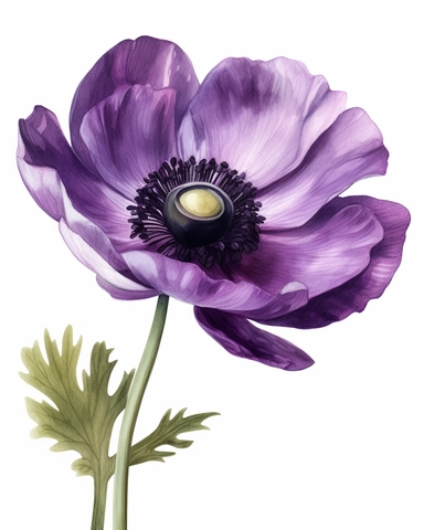 Purple Anemone Clipart, watercolor style, white background