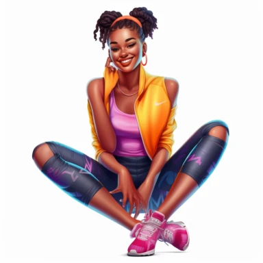 beautiful black teenage girl with beautiful pinned up hairstyle, dressed in bright colored fitness attire. Full perspective and, long shot A young black woman with full lips and a big beautiful smile, dressed in a jogger, has pinned up hairstyle and beautiful shapely legs, wearing sneakers, clipart in the style of digital airbrushing, feminine sticker art, dollcore, realistic face, realistic body, glamorous,