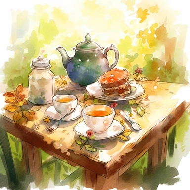 Create One clipart inspired by table with tea: The clipart exudes a cozy ambiance, with a sense of warmth and tranquility. It invites viewers to imagine themselves wandering through this magical nature, discovering its secrets and encountering fantastical creatures.cozzy watercolor style. in 4K. so it can be used in fantasy books. beautifull coloring