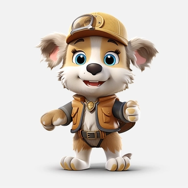 Adorable cute fantasy baby dog dressed like ranger standing in dynamic pose,front view,fullbody,sharp through out,happy expression, nursery art, clipart image, lineart image, white background, very detailed, 8k, composition wide shot
