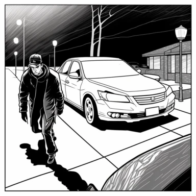 Thief approaching parked honda accord, adobe illustrator, illustration, black and white line art, dynamic composition, forced perspective, clipart, blank background