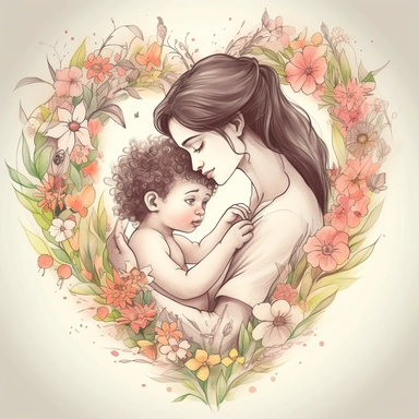 Clipart beautiful mother and her cute baby are hugging inside a heart shape made of spring flowers and it shows love and friendship ,watercolor style, withe background