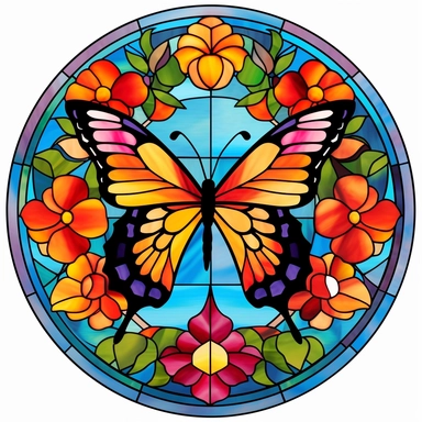 stained glass clipart of one butterfly and flowers