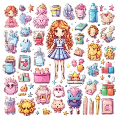 Stickers, Clipart, Full body display, Knolling layout, cute Princess Style themed, accessories neatly placed in equal proportion, larger spacing, 10 to 15 objects, pocket sticker, stationery set, vector stickers, high detail, charater sheet, Planner Stickers, Bright Colors, Hand Drawn Artwork, Watercolor Design, single design, 8k, white background