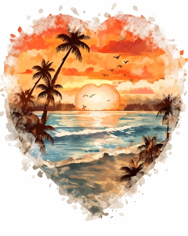 Retro Heart Beach Sunset Watercolor Clipart, Watercolor Beach Sunset in a Heart Shape Clipart, Beach Clipart, sand, starfish, Watercolor Clipart, highly detailed, white background 8k