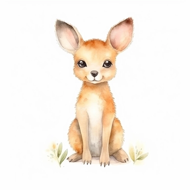 a whimsical baby kangaroo with kind eyes clipart with watercolor illustration,full body shot,8k,etsy style, white background
