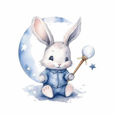 watercolor, hyper realistic, white background, white margins, 16k, ultra detailed clipart, cut out image, hand-drawn cute baby rabbit sitting on the moon and holding fishing rod i love you moon art, moon art, moon artwork, moon clip art, moon painting, moon pin, in the style of dark sky-blue and light yellow, realistic watercolors, hurufiyya, digital art techniques, pattern-based painting, rounded