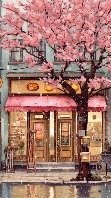 Very very cute and Whimsical quirky Jazzy coffee shop, building corner, cherry tree blossom, Raining colorful, Watercolored illustration in the style of Michael Powell, clipart, city vibe background - 8K