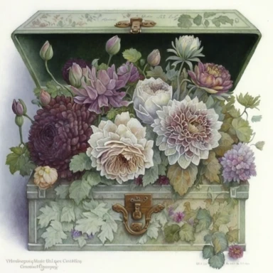 Empty open old chest full of breathtaking english purple roses and dahlias in pastel combo, by ann buccarelli , watercolor, white background , watercolour, insanely detailed, on white background, amazing colour combo, with detailed watercolor blooms of spring garden flowers white/ purple/ green, bec winnel, intricately textured, close up, walter Langley, lucy grossmith, heavy impasto technique, detailed shading, atmospheric watercolours, on white background clipart