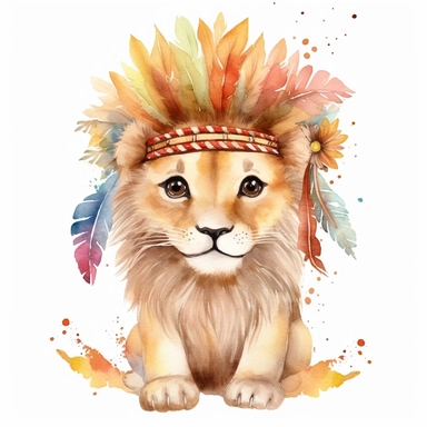 Playful watercolor cute Lion with indian feather crown clipart, isolated on white background, hd