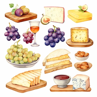 Watercolor cheese platter with wallnuts and grapes and raisins and figs nicely placed along with cheese on a very large wooden flat plate or cutting board, illustrations clipart set, simple, soft colors, cartoon elements, different variants, cheese from around the world, wooden elements, separate elements with a margin