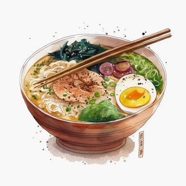 an bowl of japanese ramen, anime art, authentic ramen, watercolor, white background, clipart