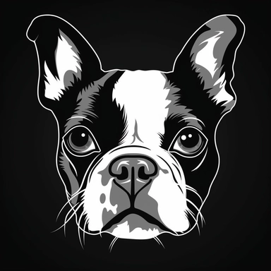 the image of a white Boston Terrier on black is shown, in the style of stencil art, heavy outlines, flickr, hard edge, sculpted, woodcut, clipart cut file cuttable cricut vector
