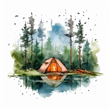 camping scene in forest watercolor style clipart on white background with margins